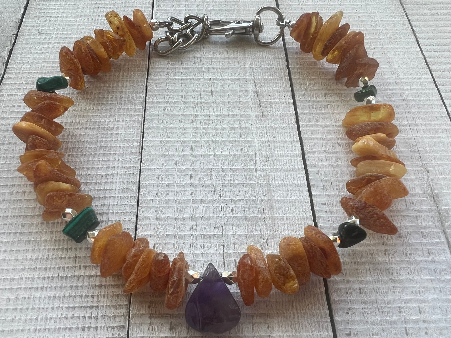 Raw Baltic Amber & Malachite with Amethyst Pendant (Flea & Tick Repellant)"Healing"