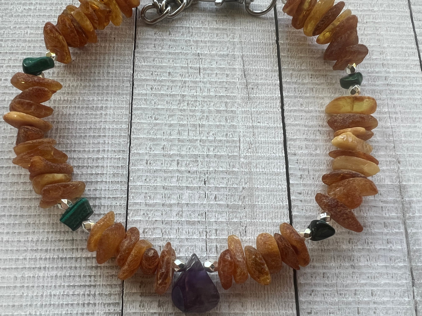 Raw Baltic Amber & Malachite with Amethyst Pendant (Flea & Tick Repellant)"Healing"