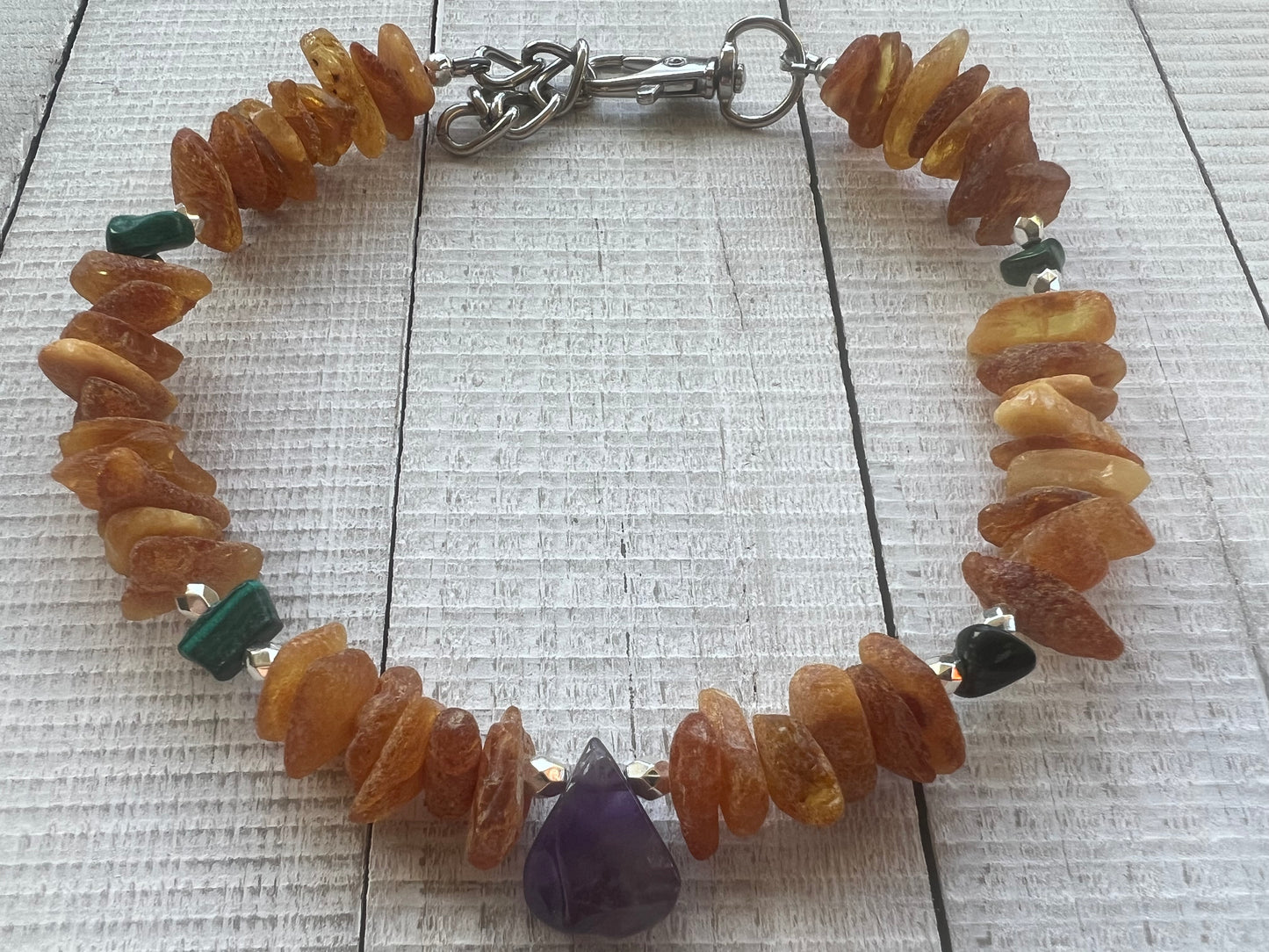 Raw Baltic Amber & Malachite with Amethyst Pendant (Flea & Tick Repellant)"Healing"