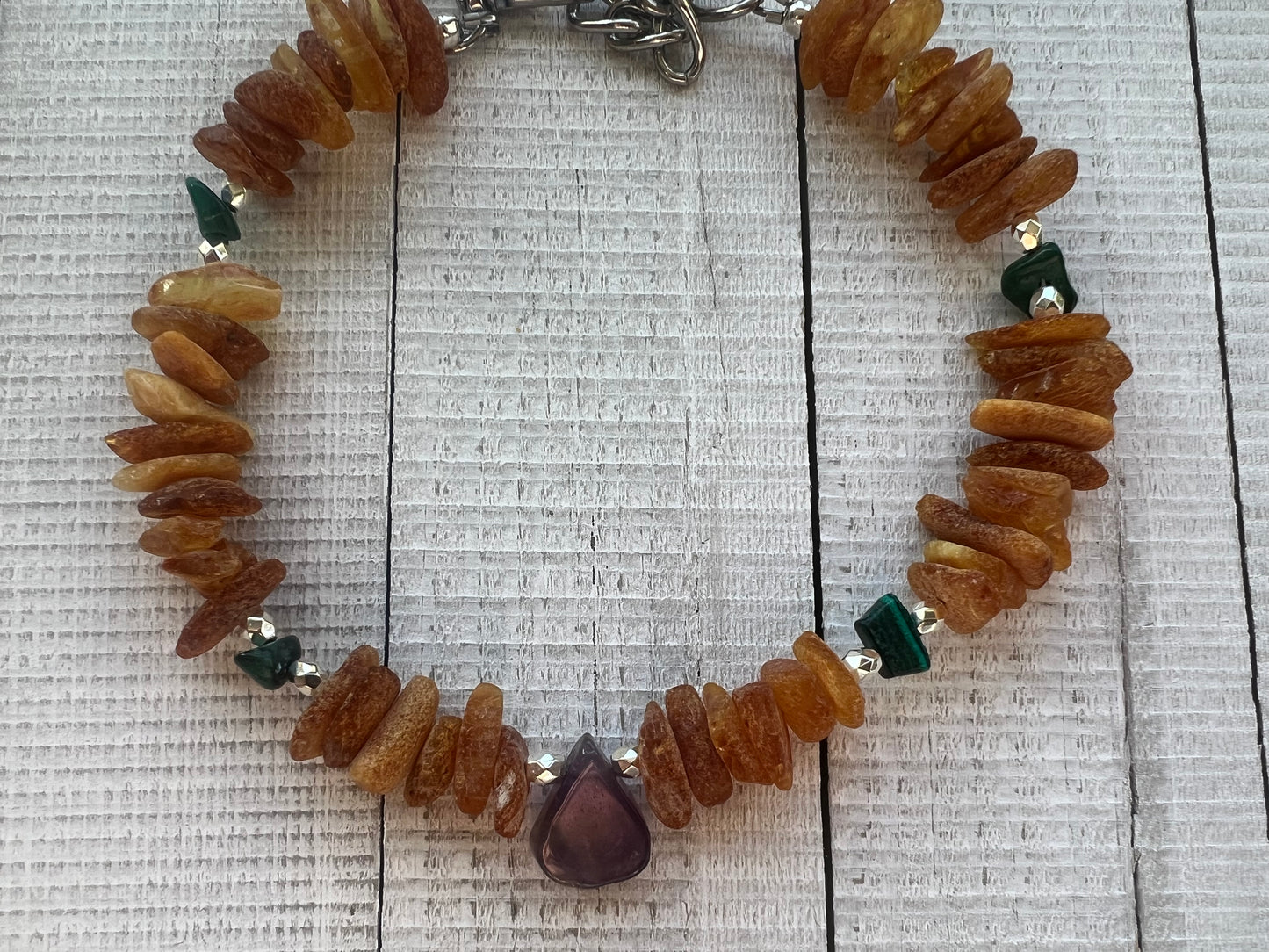 Raw Baltic Amber & Malachite with Amethyst Pendant (Flea & Tick Repellant)"Healing"
