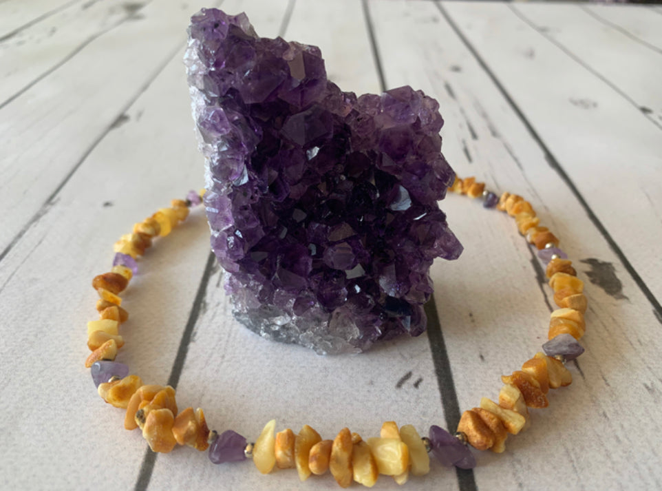 Raw Baltic Amber & Amethyst Flea Tick Repellant Collar "Balance"