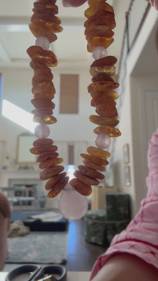 Raw Baltic Amber, Rose Quartz, “Loved”